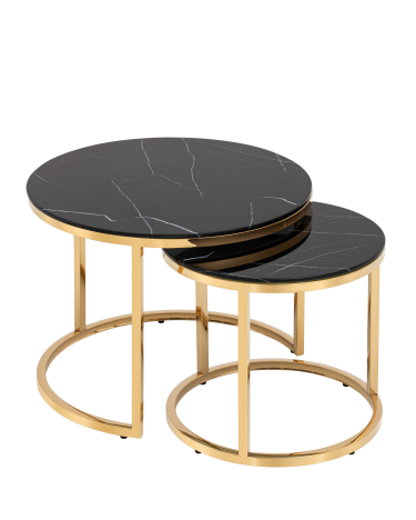 Набор журнальных столиков Stool group Селена  60 и 45 см, стекло черный мрамор, сталь золото