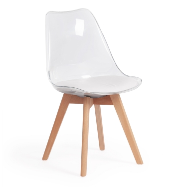 Стул TULIP mod. 73 дерево/пластик/ПУ, 53 х 49 х 83 см , прозрачный/Transparent, подушка белая/Cushion whit