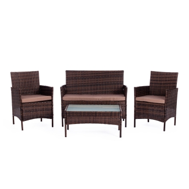 Лаундж сет Tetchair диван+2кресла+столик+подушки пластиковый ротанг, 108х62х83см/60х62х83см/80х48х39см, темно-коричневый, ткань DB-18 серый